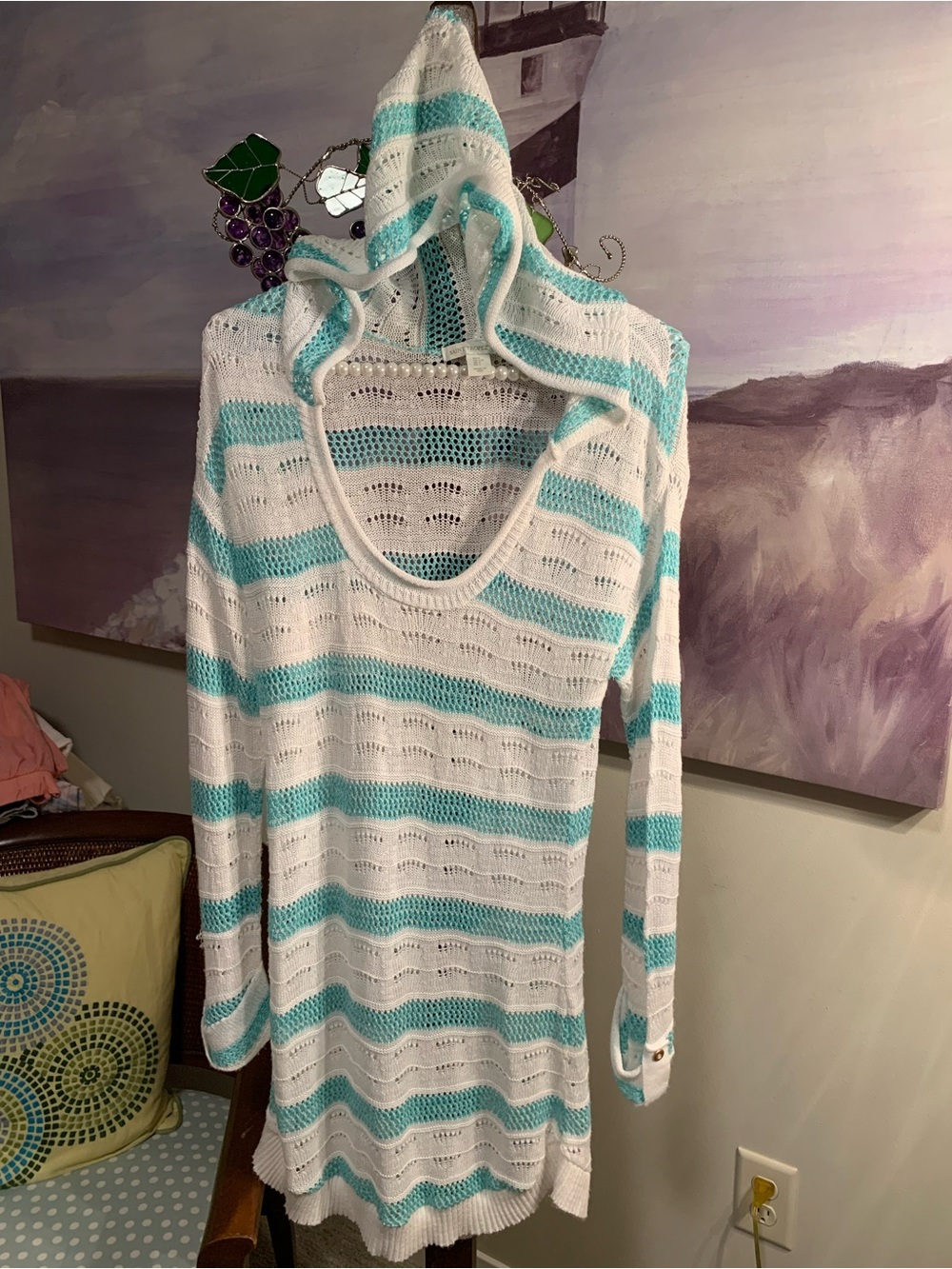 St. Tropez West/Carole Little hooded swim cover-up open weave Sweater Size S